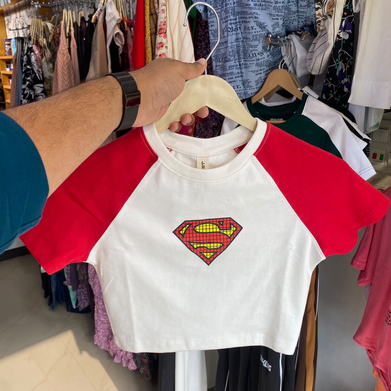 Supergirl White Stripe Women's Baby Tee (Fits XS, S & M)
