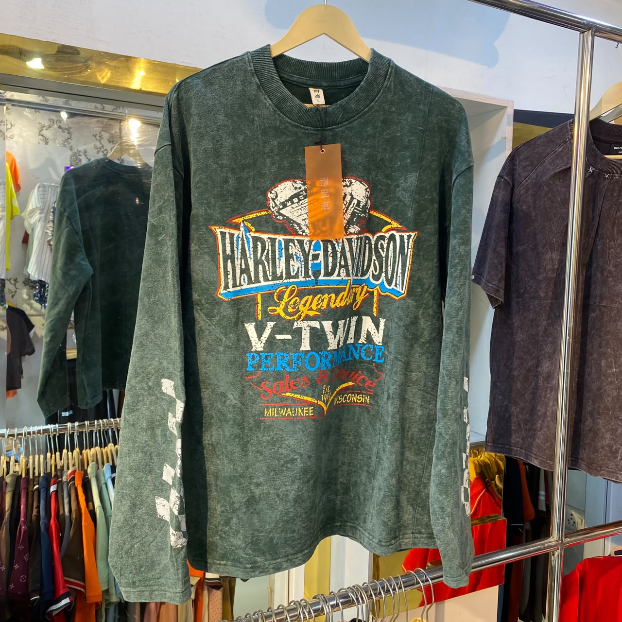 Harley Acid Wash Green Boxy Fit Tshirt (L Size)
