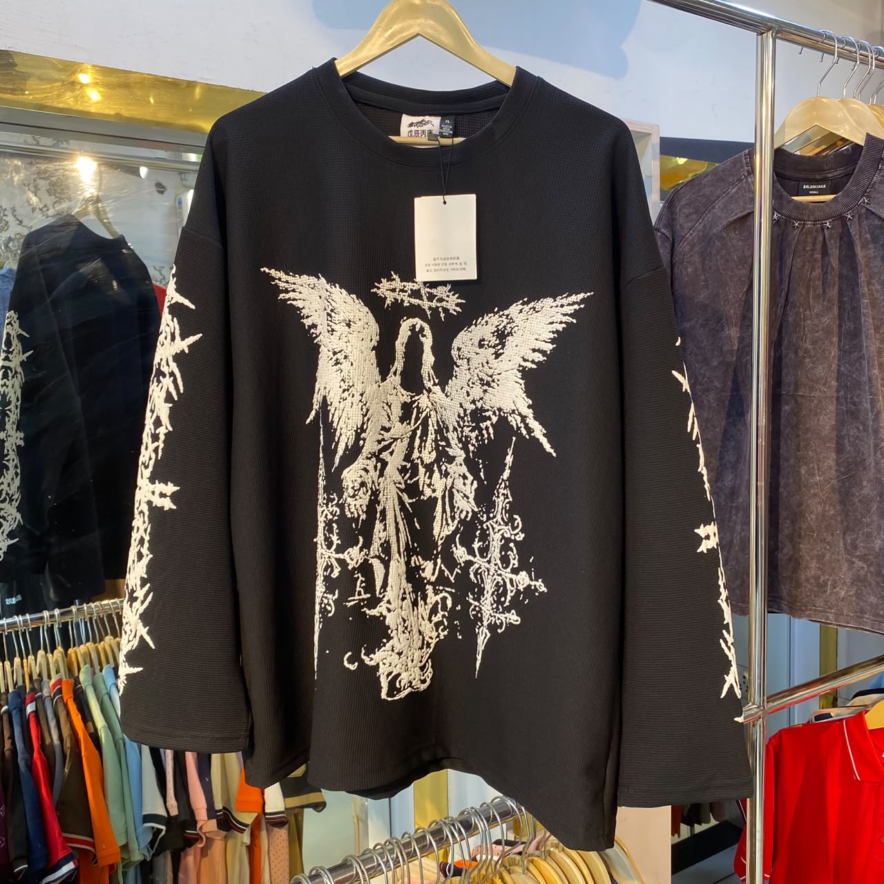 Angel Black Waffle Boxy Fit Tshirt (XL Size)